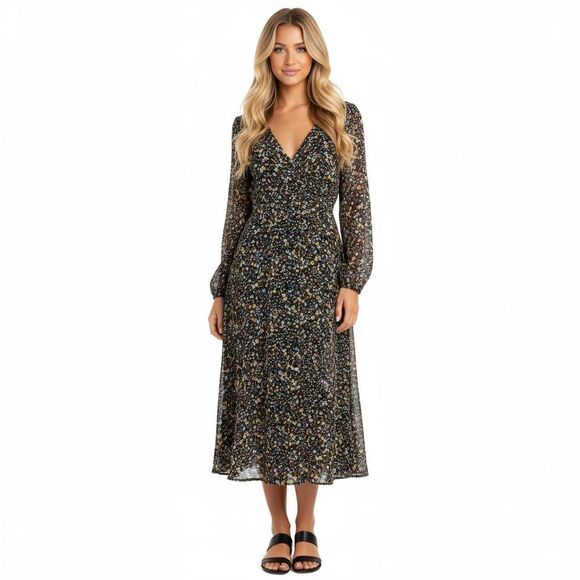 Pull&Bear ASOS Black Floral V Neck Boho Cottage Midi Dress - Picture 1 of 7